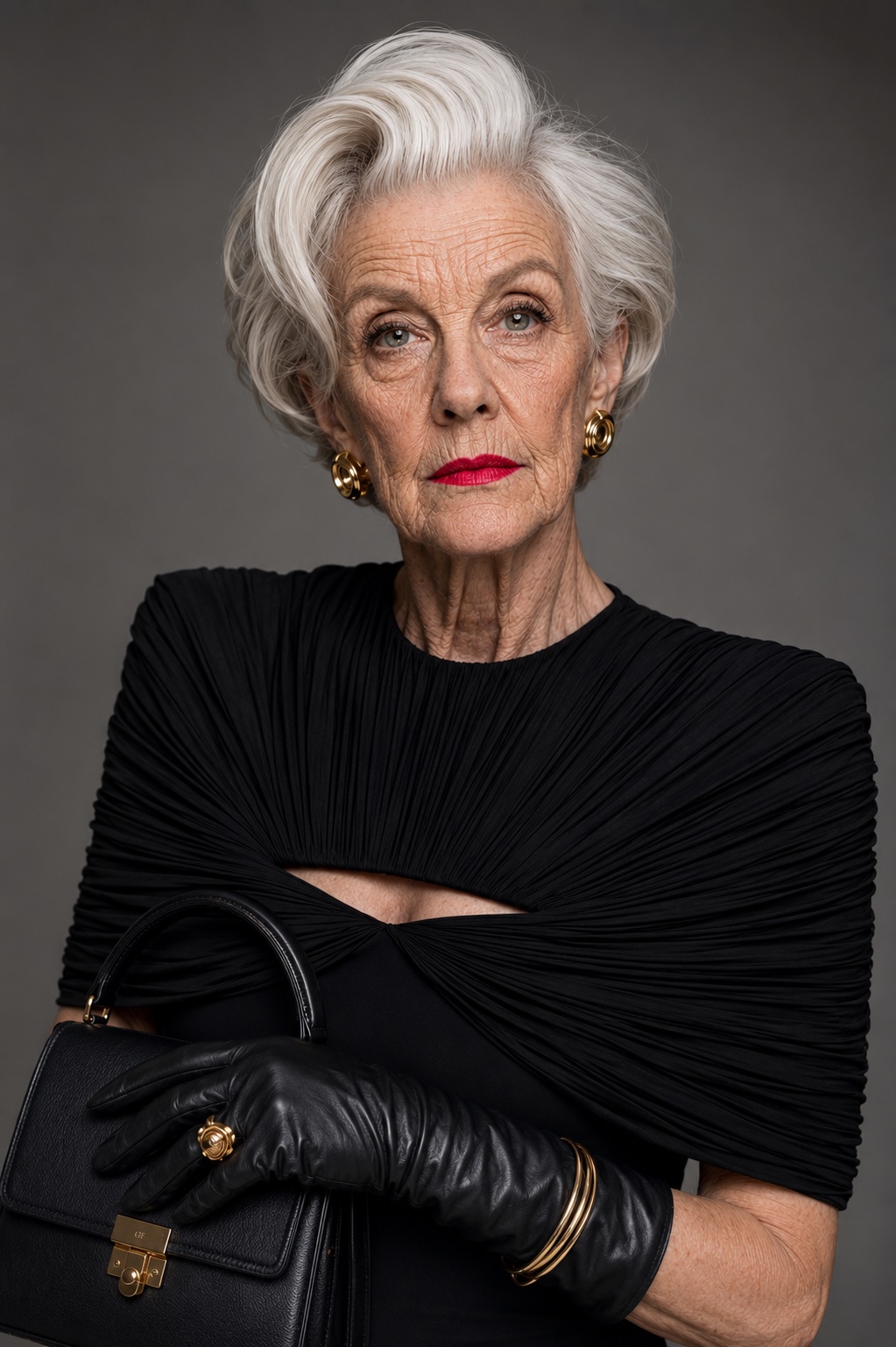 Anna Müller in a black evening dress with gold jewellery