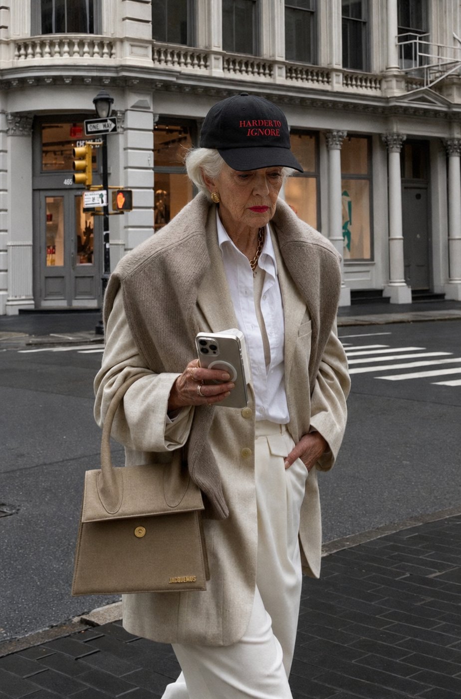 Mrs. G crossing a street in Manhattan